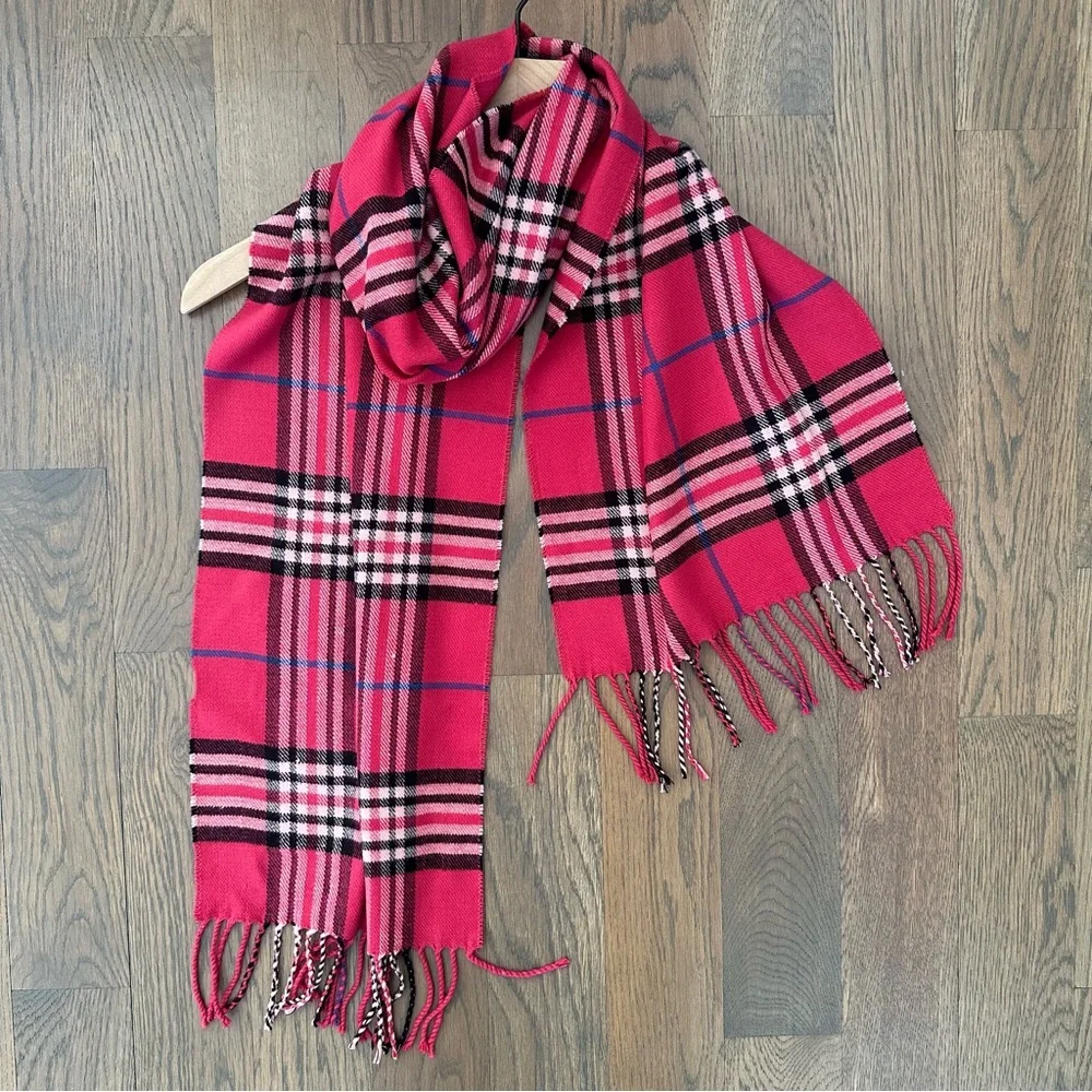 Anthro Vintage Plaid 100% Cashmere Oblong Scarf in Pink Multicolor 72